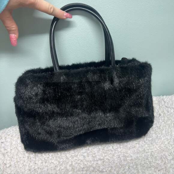 Amanda Smith Black Faux Fur Satchel Crossbody Purse - Picture 5 of 11